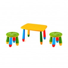 Set mobilier copii RAKI, plastic, masa dreptunghiulara MASHA 72,5x57xh47cm galbena cu 2 scaune GOGOASA verzi
