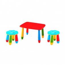 Set mobilier copii RAKI, plastic, masa dreptunghiulara MASHA 72,5x57xh47cm rosie cu 2 scaune FLOARE albastre