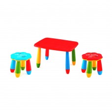 Set mobilier copii RAKI, plastic, masa dreptunghiulara MASHA 72,5x57xh47cm rosie cu 2 scaune FLOARE albastru si rosu