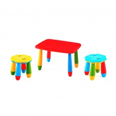 Set mobilier copii RAKI, plastic, masa dreptunghiulara MASHA 72,5x57xh47cm rosie cu 2 scaune FLOARE galben si albastru