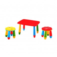 Set mobilier copii RAKI, plastic, masa dreptunghiulara MASHA 72,5x57xh47cm rosie cu 2 scaune FLOARE galben si rosu