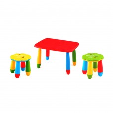 Set mobilier copii RAKI, plastic, masa dreptunghiulara MASHA 72,5x57xh47cm rosie cu 2 scaune FLOARE galben si verde