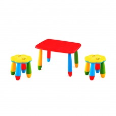 Set mobilier copii RAKI, plastic, masa dreptunghiulara MASHA 72,5x57xh47cm rosie cu 2 scaune FLOARE galbene