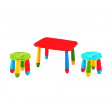 Set mobilier copii RAKI, plastic, masa dreptunghiulara MASHA 72,5x57xh47cm rosie cu 2 scaune FLOARE verde si albastru