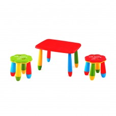 Set mobilier copii RAKI, plastic, masa dreptunghiulara MASHA 72,5x57xh47cm rosie cu 2 scaune FLOARE verde si rosu