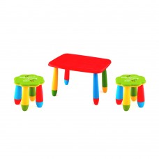 Set mobilier copii RAKI, plastic, masa dreptunghiulara MASHA 72,5x57xh47cm rosie cu 2 scaune FLOARE verzi