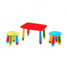 Set mobilier copii RAKI, plastic, masa dreptunghiulara MASHA 72,5x57xh47cm rosie cu 2 scaune GOGOASA galben si albastru