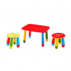 Set mobilier copii RAKI, plastic, masa dreptunghiulara MASHA 72,5x57xh47cm rosie cu 2 scaune GOGOASA galben si rosu