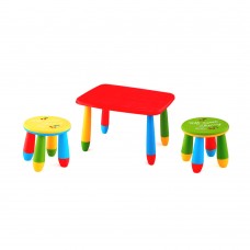 Set mobilier copii RAKI, plastic, masa dreptunghiulara MASHA 72,5x57xh47cm rosie cu 2 scaune GOGOASA galben si verde