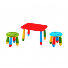 Set mobilier copii RAKI, plastic, masa dreptunghiulara MASHA 72,5x57xh47cm rosie cu 2 scaune GOGOASA verde si albastru