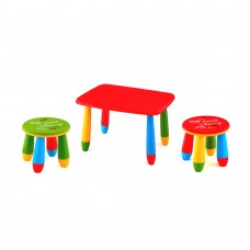 Set mobilier copii RAKI, plastic, masa dreptunghiulara MASHA 72,5x57xh47cm rosie cu 2 scaune GOGOASA verde si rosu