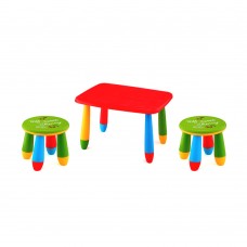 Set mobilier copii RAKI, plastic, masa dreptunghiulara MASHA 72,5x57xh47cm rosie cu 2 scaune GOGOASA verzi