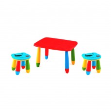Set mobilier copii RAKI, plastic, masa dreptunghiulara MASHA 72,5x57xh47cm rosie cu 2 scaune URSULET albastre