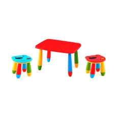 Set mobilier copii RAKI, plastic, masa dreptunghiulara MASHA 72,5x57xh47cm rosie cu 2 scaune URSULET albastru si rosu