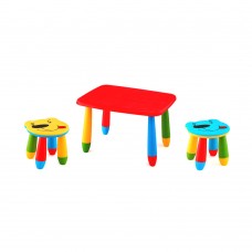 Set mobilier copii RAKI, plastic, masa dreptunghiulara MASHA 72,5x57xh47cm rosie cu 2 scaune URSULET galben si albastru