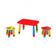 Set mobilier copii RAKI, plastic, masa dreptunghiulara MASHA 72,5x57xh47cm rosie cu 2 scaune URSULET galben si rosu