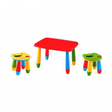 Set mobilier copii RAKI, plastic, masa dreptunghiulara MASHA 72,5x57xh47cm rosie cu 2 scaune URSULET galben si verde