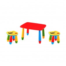 Set mobilier copii RAKI, plastic, masa dreptunghiulara MASHA 72,5x57xh47cm rosie cu 2 scaune URSULET galbene