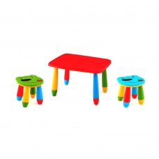 Set mobilier copii RAKI, plastic, masa dreptunghiulara MASHA 72,5x57xh47cm rosie cu 2 scaune URSULET verde si albastru