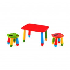 Set mobilier copii RAKI, plastic, masa dreptunghiulara MASHA 72,5x57xh47cm rosie cu 2 scaune URSULET verde si rosu