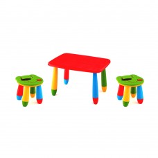 Set mobilier copii RAKI, plastic, masa dreptunghiulara MASHA 72,5x57xh47cm rosie cu 2 scaune URSULET verzi