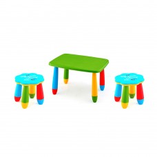 Set mobilier copii RAKI, plastic, masa dreptunghiulara MASHA 72,5x57xh47cm verde cu 2 scaune FLOARE albastre