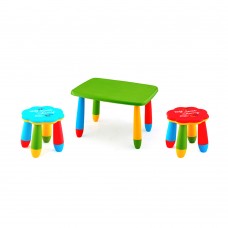 Set mobilier copii RAKI, plastic, masa dreptunghiulara MASHA 72,5x57xh47cm verde cu 2 scaune FLOARE albastru si rosu