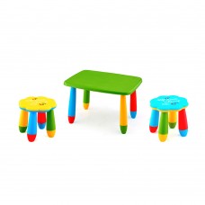Set mobilier copii RAKI, plastic, masa dreptunghiulara MASHA 72,5x57xh47cm verde cu 2 scaune FLOARE galben si albastru