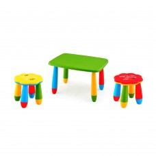 Set mobilier copii RAKI, plastic, masa dreptunghiulara MASHA 72,5x57xh47cm verde cu 2 scaune FLOARE galben si rosu