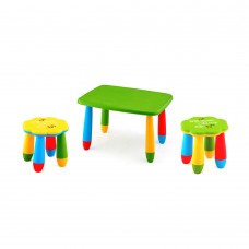 Set mobilier copii RAKI, plastic, masa dreptunghiulara MASHA 72,5x57xh47cm verde cu 2 scaune FLOARE galben si verde