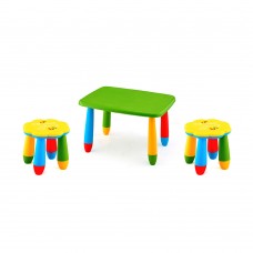 Set mobilier copii RAKI, plastic, masa dreptunghiulara MASHA 72,5x57xh47cm verde cu 2 scaune FLOARE galbene