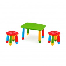 Set mobilier copii RAKI, plastic, masa dreptunghiulara MASHA 72,5x57xh47cm verde cu 2 scaune FLOARE rosii