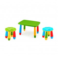 Set mobilier copii RAKI, plastic, masa dreptunghiulara MASHA 72,5x57xh47cm verde cu 2 scaune FLOARE verde si albastru