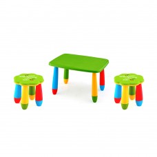 Set mobilier copii RAKI, plastic, masa dreptunghiulara MASHA 72,5x57xh47cm verde cu 2 scaune FLOARE verzi
