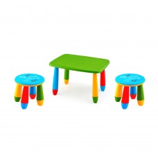 Set mobilier copii RAKI, plastic, masa dreptunghiulara MASHA 72,5x57xh47cm verde cu 2 scaune GOGOASA albastre