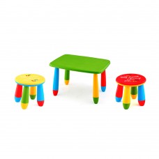 Set mobilier copii RAKI, plastic, masa dreptunghiulara MASHA 72,5x57xh47cm verde cu 2 scaune GOGOASA galben si rosu