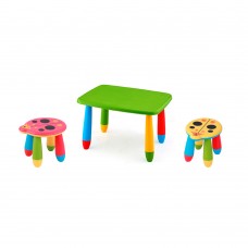 Set mobilier copii RAKI, plastic, masa dreptunghiulara MASHA 72,5x57xh47cm verde cu 2 scaune Kalinca galben si rosu