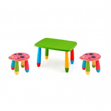 Set mobilier copii RAKI, plastic, masa dreptunghiulara MASHA 72,5x57xh47cm verde cu 2 scaune Kalinca rosii