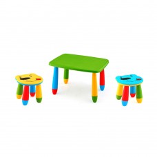 Set mobilier copii RAKI, plastic, masa dreptunghiulara MASHA 72,5x57xh47cm verde cu 2 scaune URSULET galben si albastru