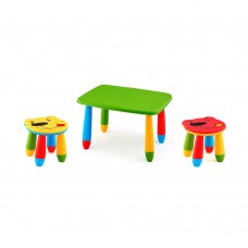 Set mobilier copii RAKI, plastic, masa dreptunghiulara MASHA 72,5x57xh47cm verde cu 2 scaune URSULET galben si rosu