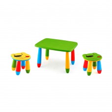 Set mobilier copii RAKI, plastic, masa dreptunghiulara MASHA 72,5x57xh47cm verde cu 2 scaune URSULET galben si verde