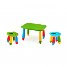 Set mobilier copii RAKI, plastic, masa dreptunghiulara MASHA 72,5x57xh47cm verde cu 2 scaune URSULET verde si albastru