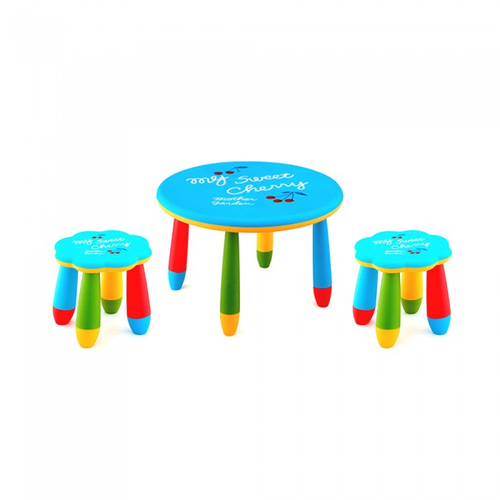 Set mobilier copii RAKI, plastic, masa rotunda SLANTE D70xh47cm albastra cu 2 scaune FLOARE albastre