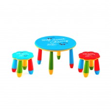 Set mobilier copii RAKI, plastic, masa rotunda SLANTE D70xh47cm albastra cu 2 scaune FLOARE albastru si rosu