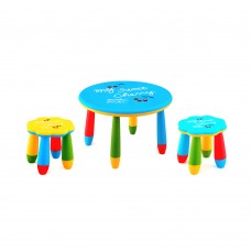 Set mobilier copii RAKI, plastic, masa rotunda SLANTE D70xh47cm albastra cu 2 scaune FLOARE galben si albastru