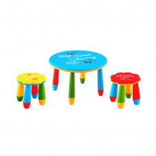 Set mobilier copii RAKI, plastic, masa rotunda SLANTE D70xh47cm albastra cu 2 scaune FLOARE galben si rosu