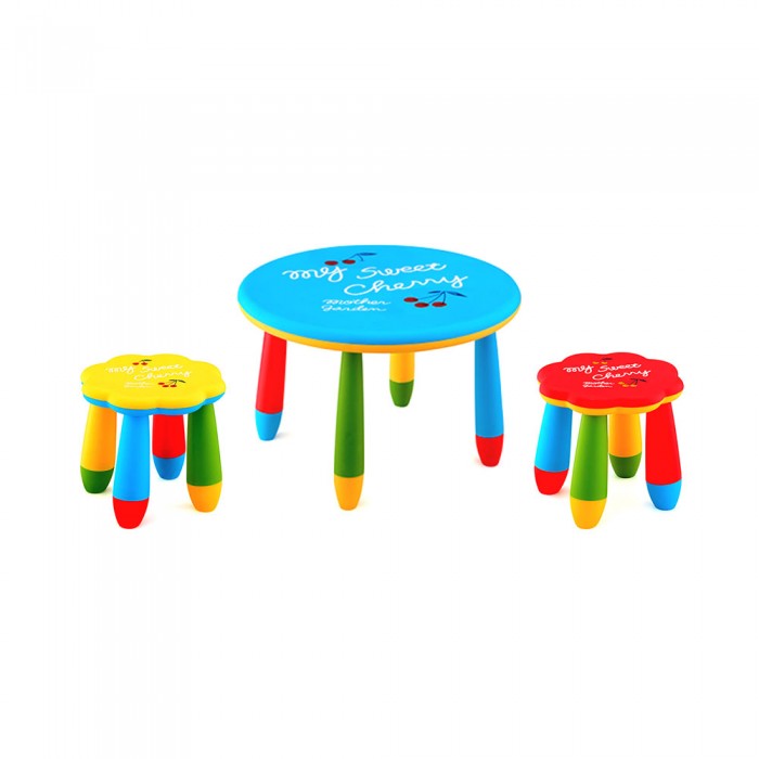 Set mobilier copii RAKI, plastic, masa rotunda SLANTE D70xh47cm albastra cu 2 scaune FLOARE galben si rosu
