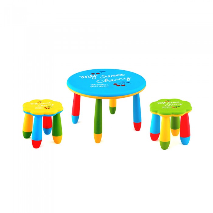 Set mobilier copii RAKI, plastic, masa rotunda SLANTE D70xh47cm albastra cu 2 scaune FLOARE galben si verde
