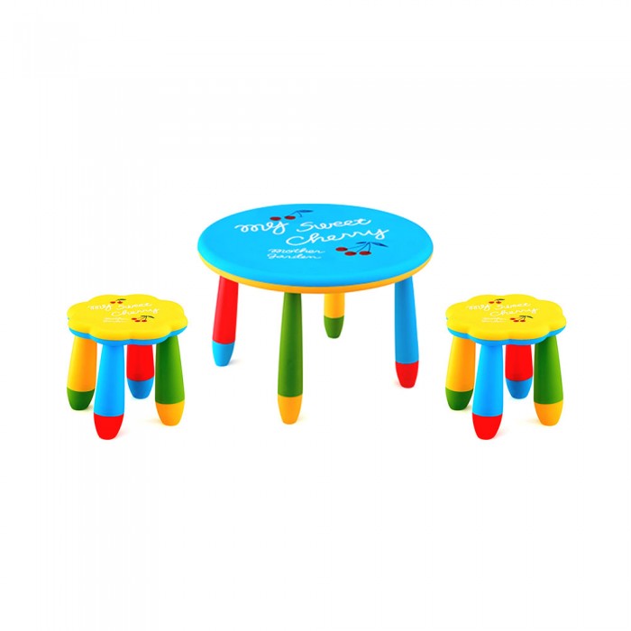 Set mobilier copii RAKI, plastic, masa rotunda SLANTE D70xh47cm albastra cu 2 scaune FLOARE galbene