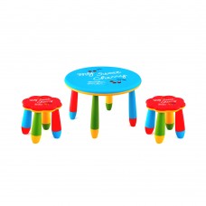 Set mobilier copii RAKI, plastic, masa rotunda SLANTE D70xh47cm albastra cu 2 scaune FLOARE rosii